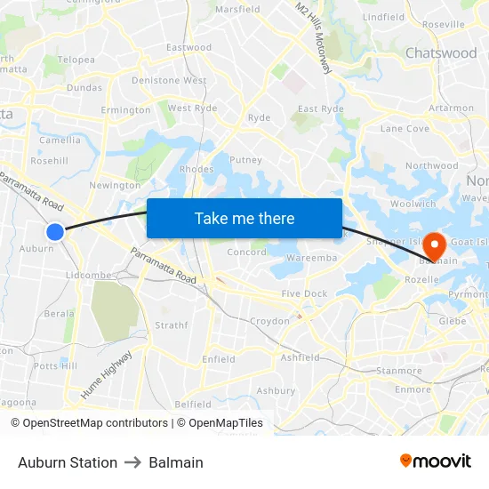Auburn Station to Balmain map