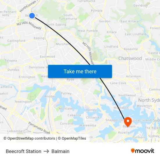 Beecroft Station to Balmain map