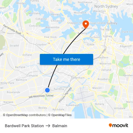 Bardwell Park Station to Balmain map