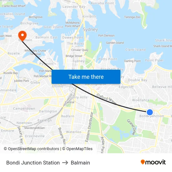 Bondi Junction Station to Balmain map