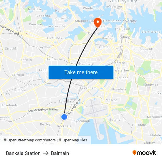 Banksia Station to Balmain map