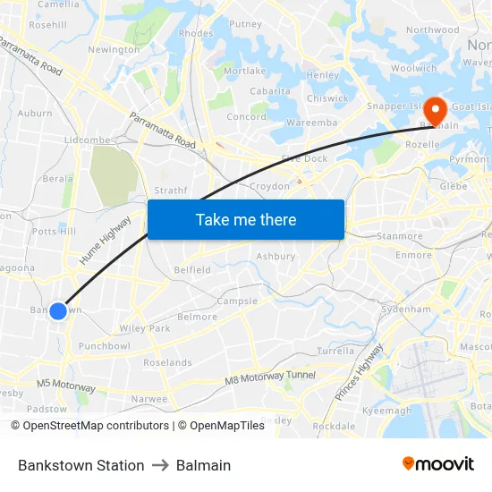 Bankstown Station to Balmain map