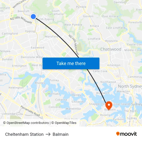 Cheltenham Station to Balmain map