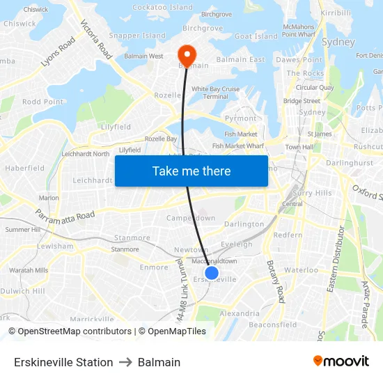 Erskineville Station to Balmain map