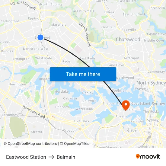 Eastwood Station to Balmain map