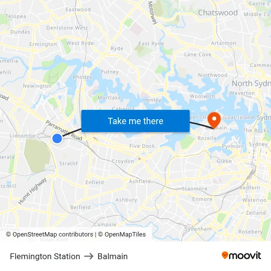 Flemington Station to Balmain map