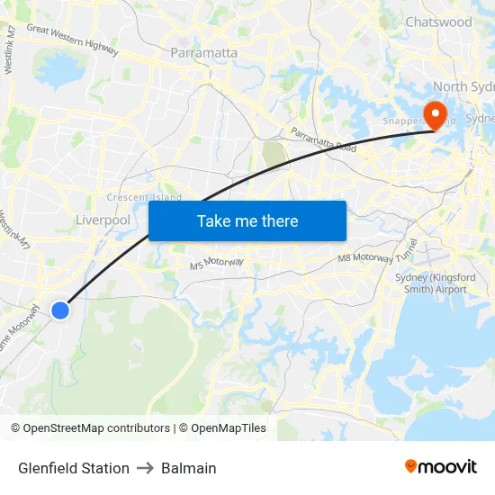 Glenfield Station to Balmain map