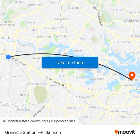 Granville Station to Balmain map