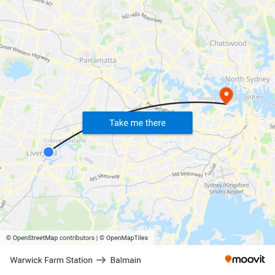 Warwick Farm Station to Balmain map