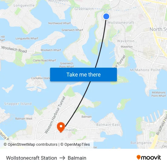 Wollstonecraft Station to Balmain map
