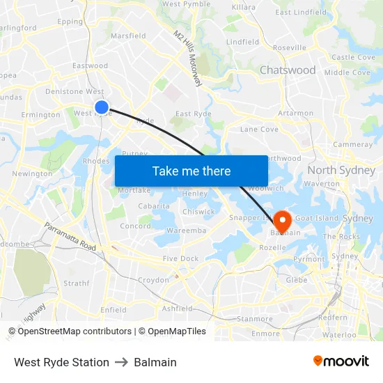 West Ryde Station to Balmain map