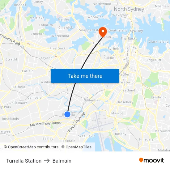 Turrella Station to Balmain map