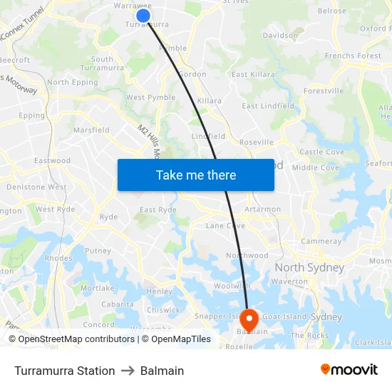 Turramurra Station to Balmain map