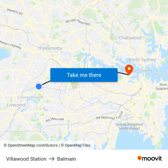 Villawood Station to Balmain map