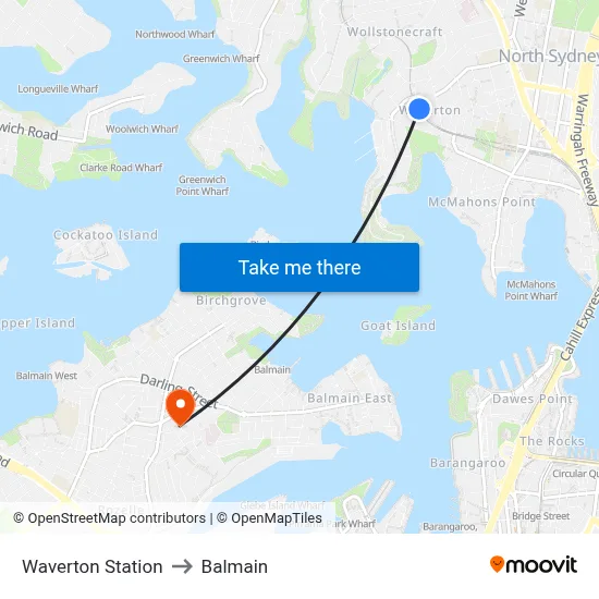 Waverton Station to Balmain map