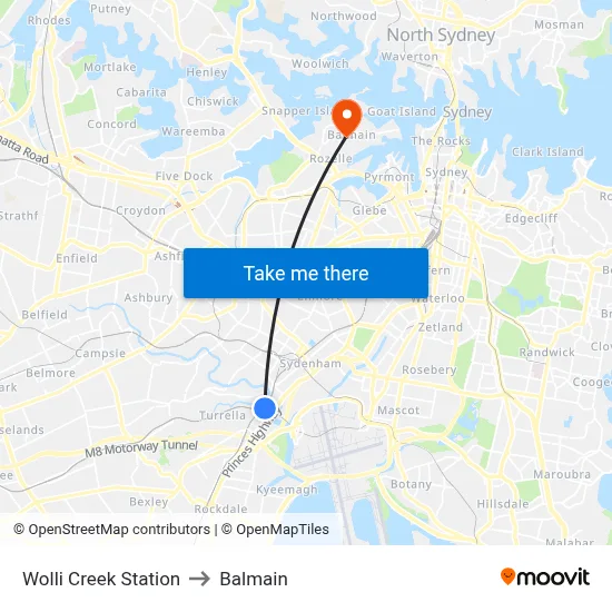 Wolli Creek Station to Balmain map