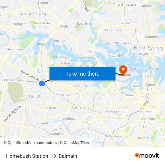 Homebush Station to Balmain map