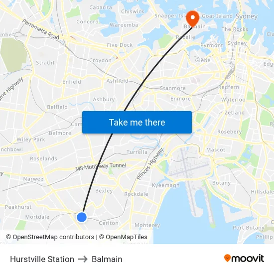 Hurstville Station to Balmain map