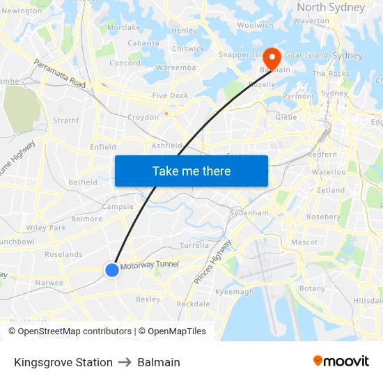 Kingsgrove Station to Balmain map