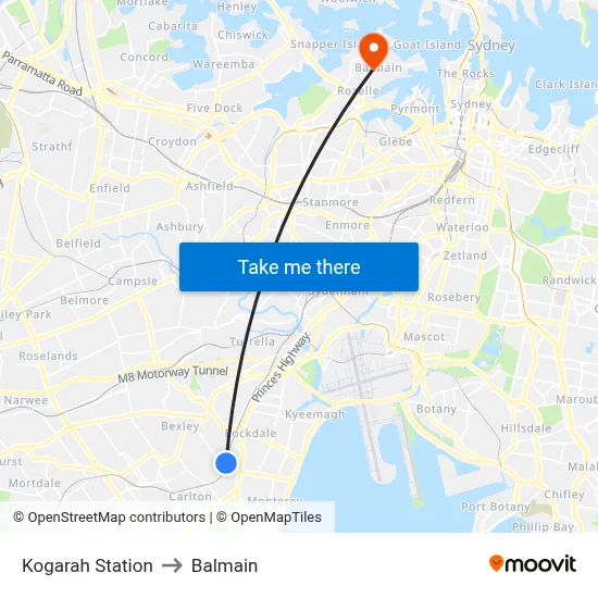 Kogarah Station to Balmain map