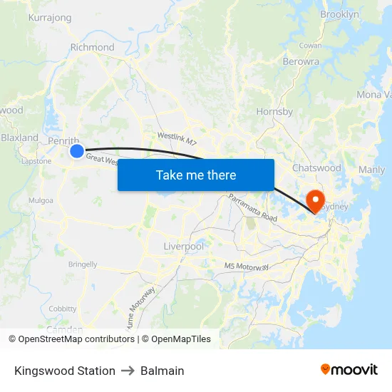Kingswood Station to Balmain map