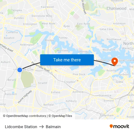 Lidcombe Station to Balmain map