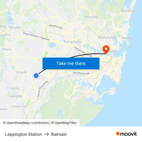 Leppington Station to Balmain map