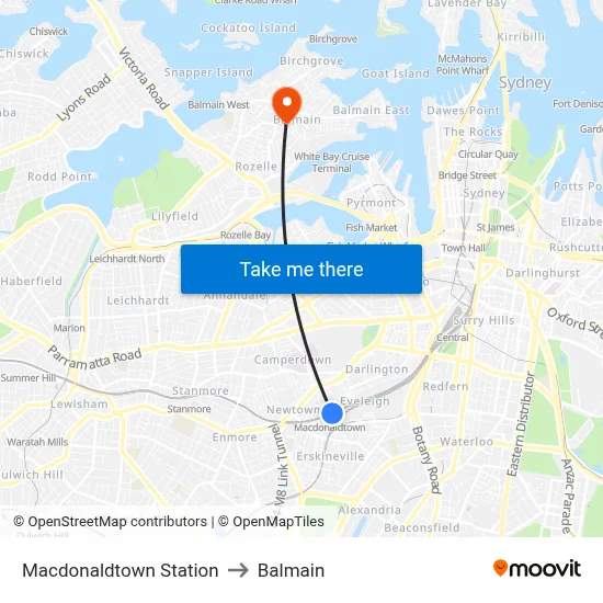 Macdonaldtown Station to Balmain map