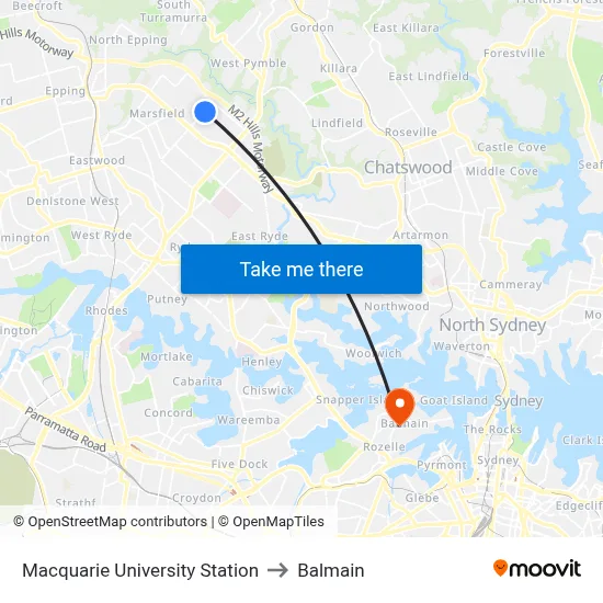 Macquarie University Station to Balmain map