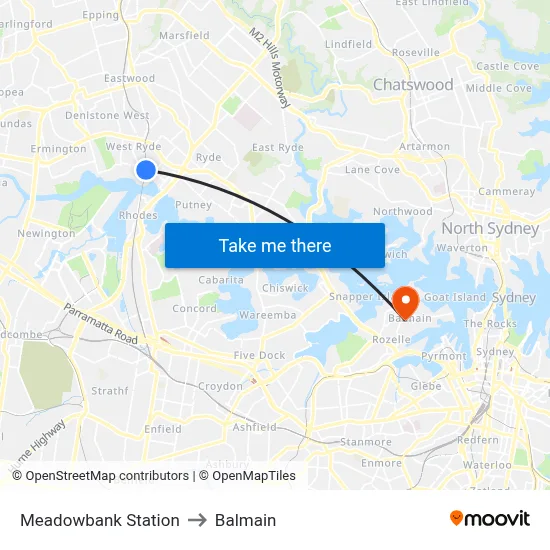 Meadowbank Station to Balmain map