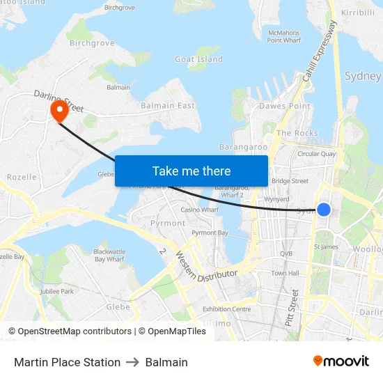Martin Place Station to Balmain map