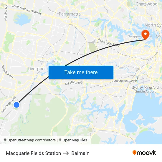 Macquarie Fields Station to Balmain map