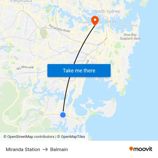 Miranda Station to Balmain map