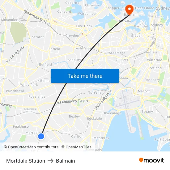 Mortdale Station to Balmain map