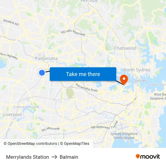 Merrylands Station to Balmain map