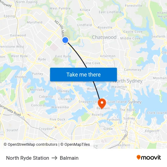 North Ryde Station to Balmain map