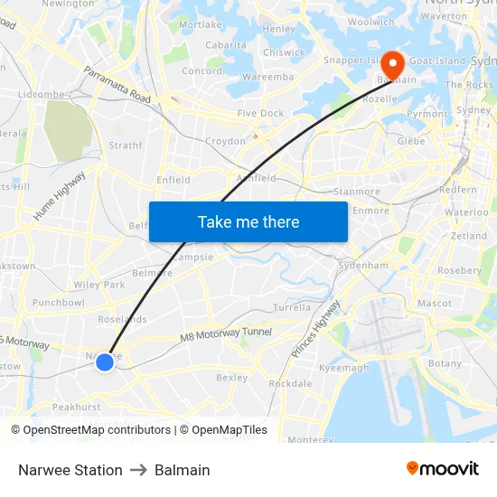 Narwee Station to Balmain map