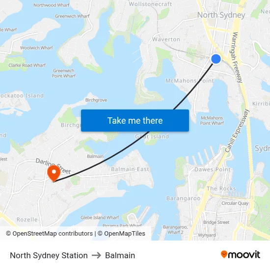 North Sydney Station to Balmain map