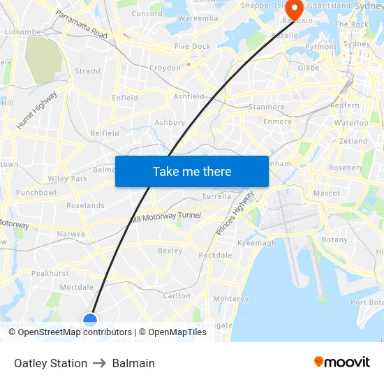 Oatley Station to Balmain map