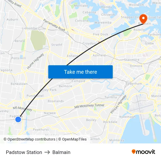 Padstow Station to Balmain map