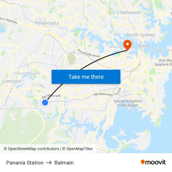 Panania Station to Balmain map