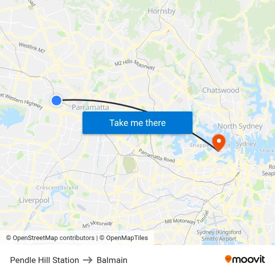 Pendle Hill Station to Balmain map