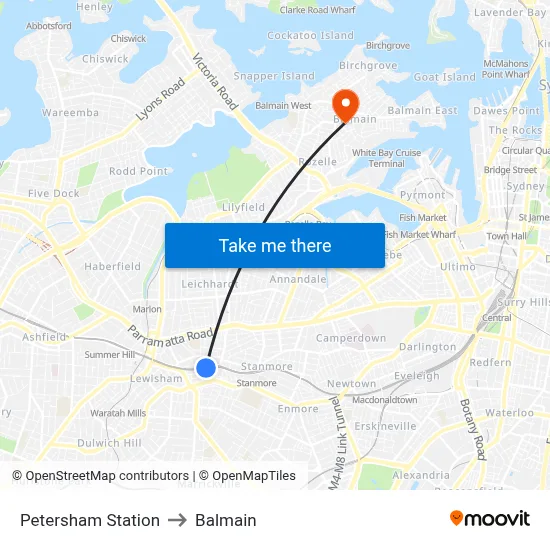 Petersham Station to Balmain map