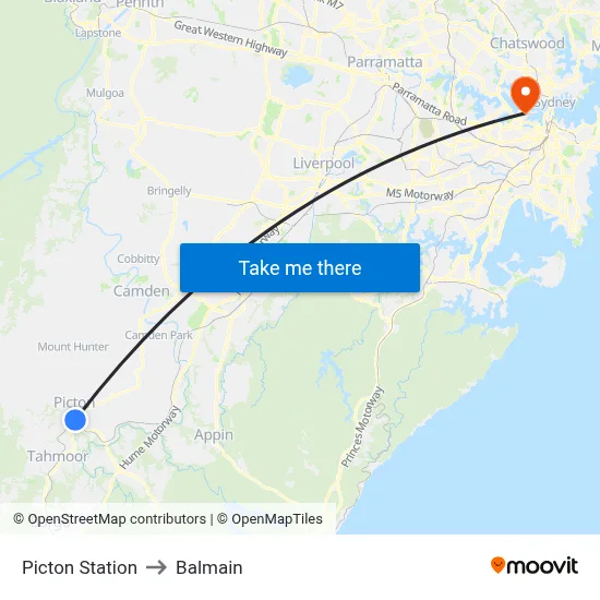 Picton Station to Balmain map
