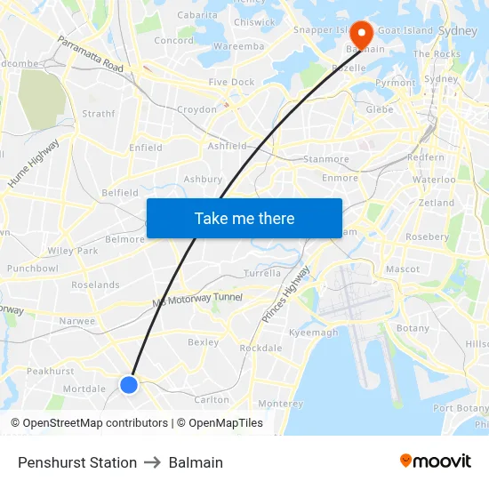 Penshurst Station to Balmain map