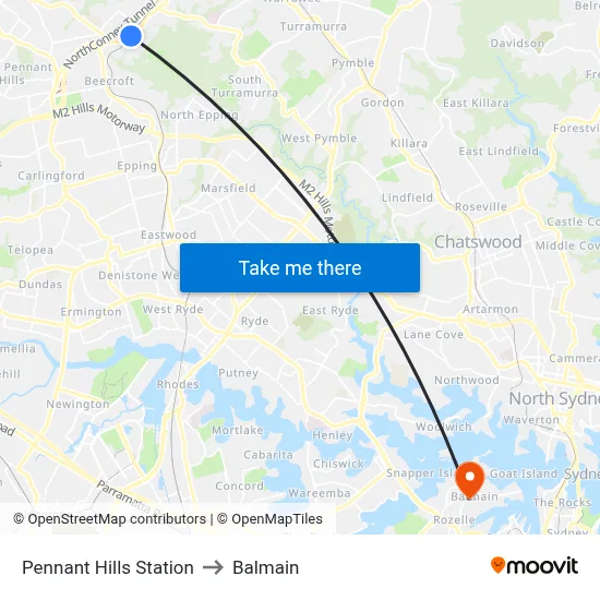 Pennant Hills Station to Balmain map