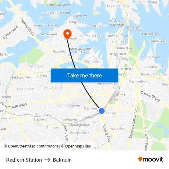Redfern Station to Balmain map
