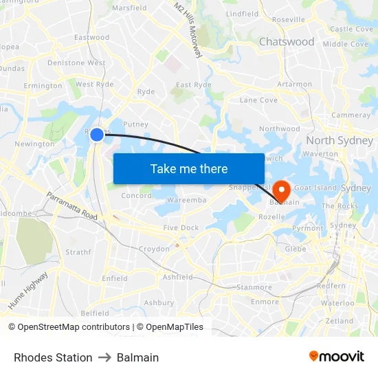 Rhodes Station to Balmain map