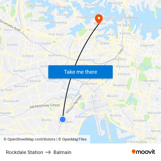 Rockdale Station to Balmain map