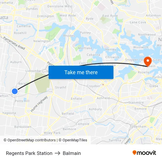 Regents Park Station to Balmain map